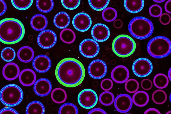 Close-up of purple circles with neon blue, purple, and green rings on a black background.